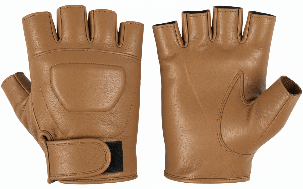 Black Premium Leather Padded Design Fingerless Gloves - 