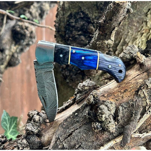 Blue and Grey Damascus Handmade Steel Pocket Folding Knife -