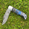 Blue and Grey Damascus Handmade Steel Pocket Folding Knife -