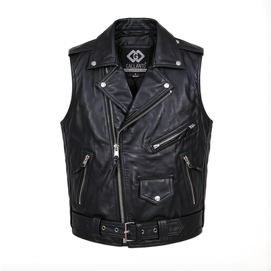 Mens Marlon Brando Style Leather Biker Gilet Vest -Waistcoat Sleeveless Club