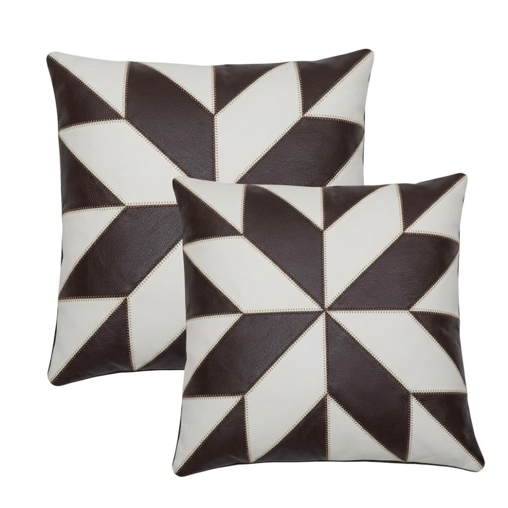 2 x black & white flower original leather cushion covers