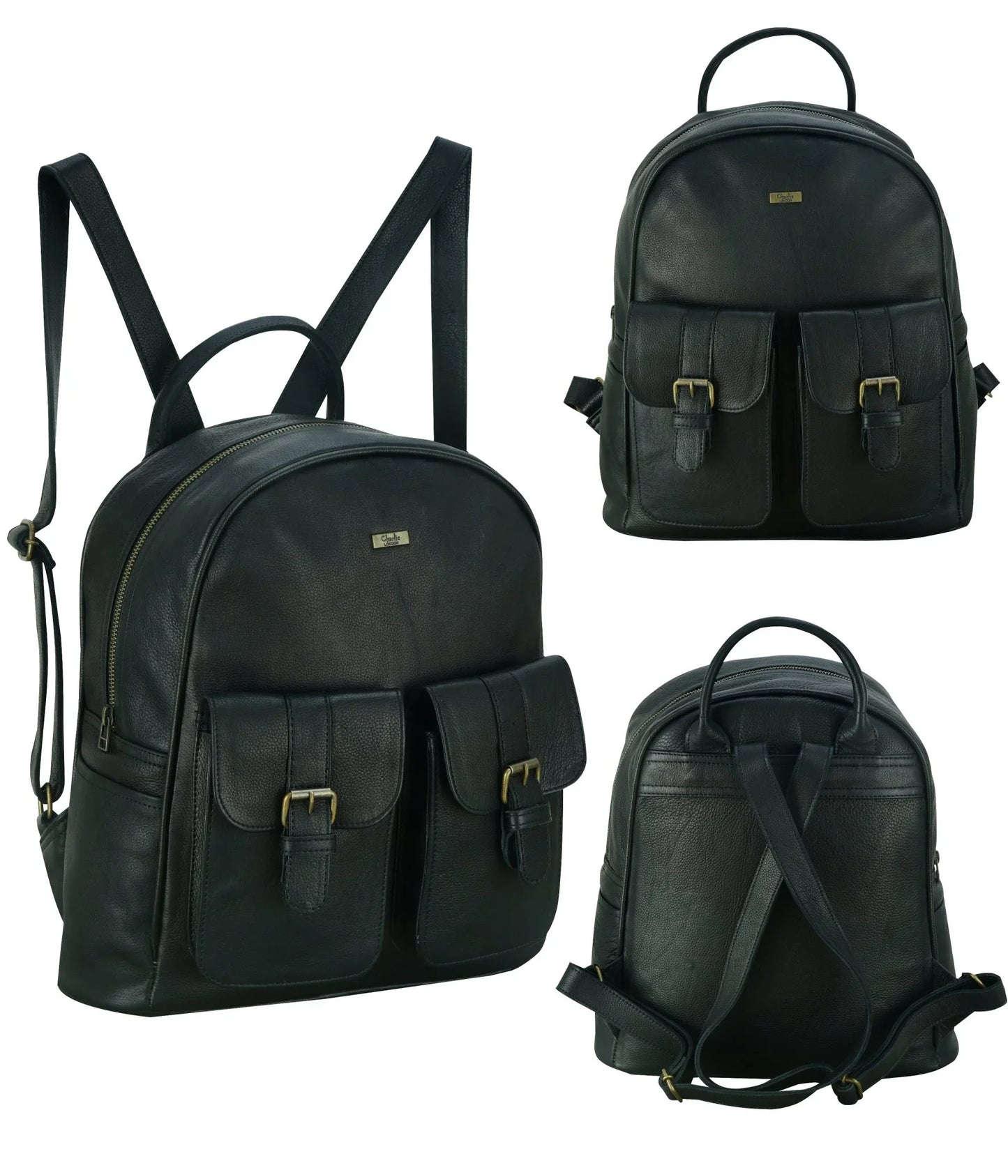 charlie london two pockets classic leather daypack backpack - 