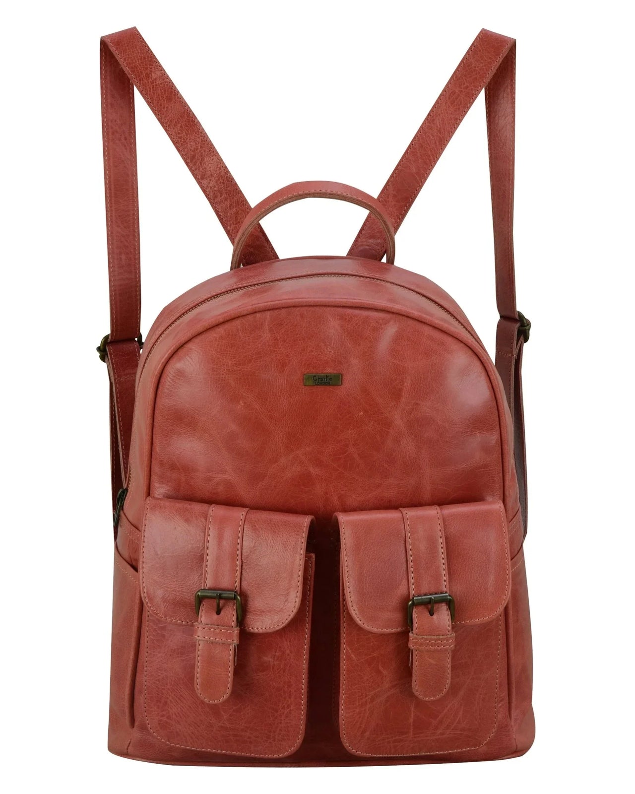 Charlie London two Pockets Classic Leather DayPack Backpack - 