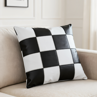 Checkered Cushion Covers Set of 2 in Genuine Cowhide Leather