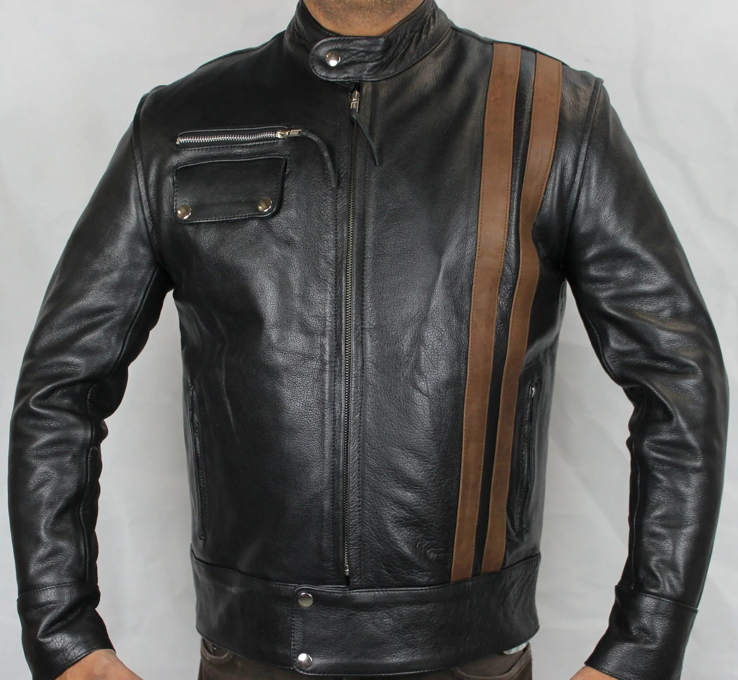 classic cafe racer black biker leather jacket with brown stripes xl - 