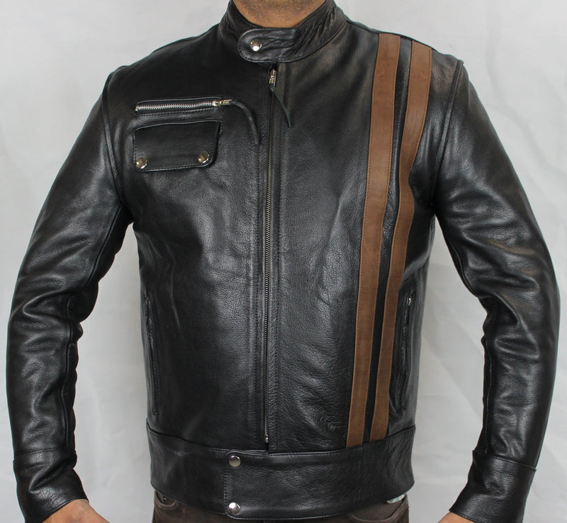 Classic Cafe Racer Black Biker Leather Jacket with Brown Stripes XL - 