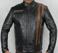 Classic Cafe Racer Black Biker Leather Jacket with Brown Stripes XL - 