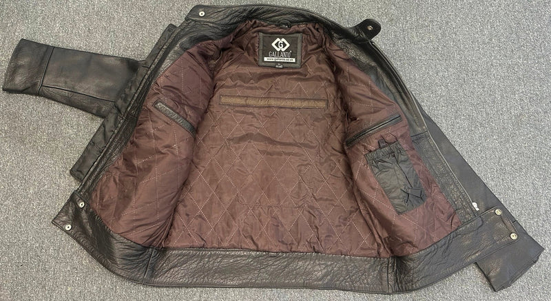 Classic Cafe Racer Black Biker Leather Jacket with Brown Stripes XL - 