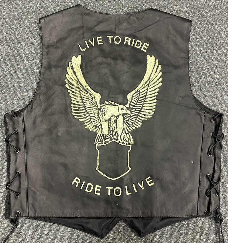 Classic Mens Black Eagle Embossed Leather Biker Vest S - 