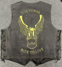 Classic Mens Black USA Eagle Embossed Leather Biker Vest M - 