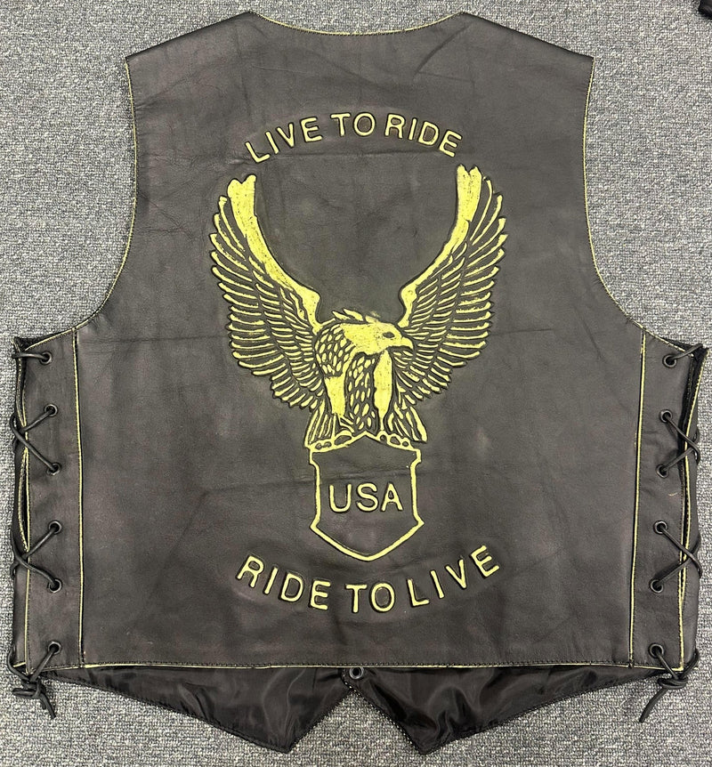 Classic Mens Black USA Eagle Embossed Leather Biker Vest M - 