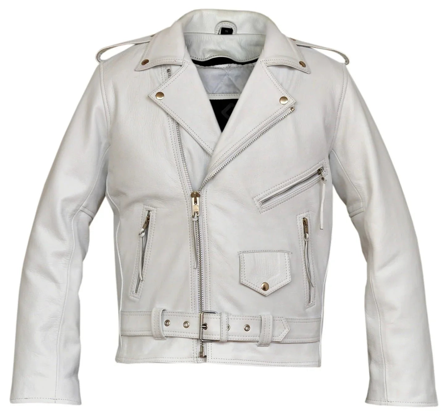 classic mens white marlon brando leather biker jacket - 