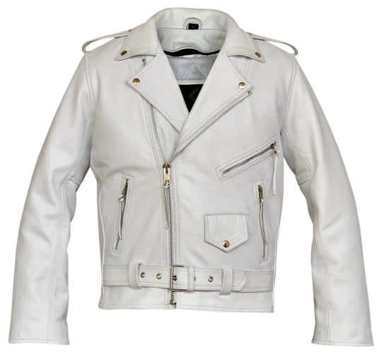 Classic Mens White Marlon Brando Leather Biker Jacket - 