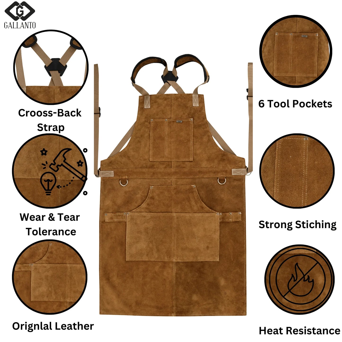 cowhide leather tool apron – heavy - duty, heat - resistant, 6 pockets - 