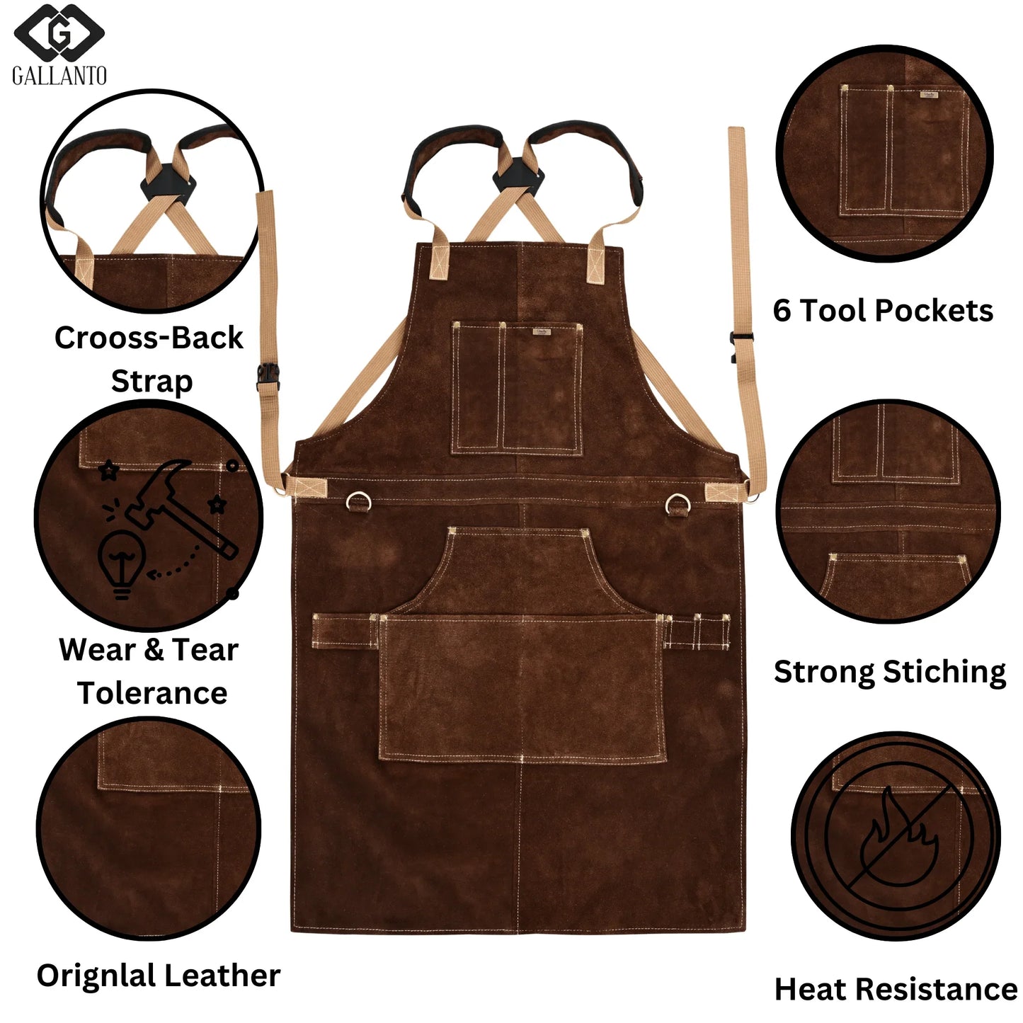 cowhide leather tool apron – heavy - duty, heat - resistant, 6 pockets - 