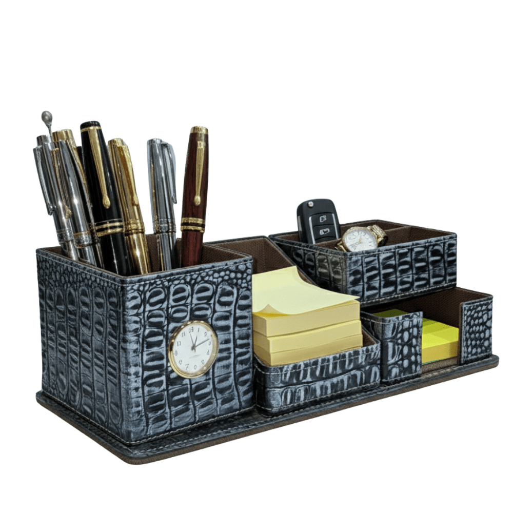 Crocodile Leather Desk Organiser with Clock – Luxury Executive Valet - 