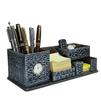 Crocodile Leather Desk Organiser with Clock – Luxury Executive Valet - 