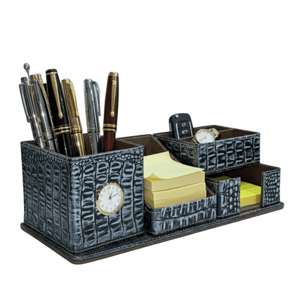 Crocodile Leather Desk Organiser with Clock – Luxury Executive Valet - 