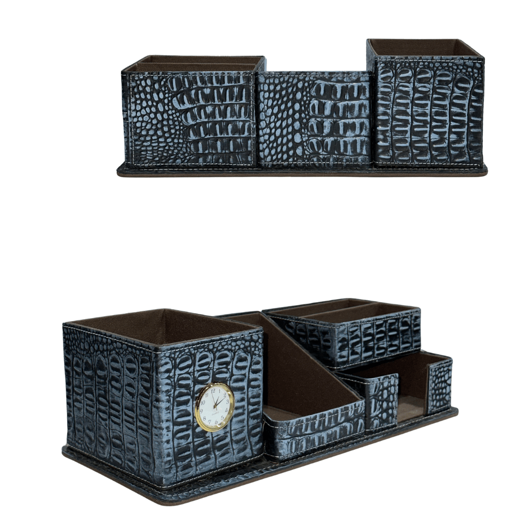 crocodile leather desk organiser with clock – luxury executive valet - 