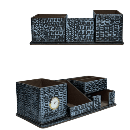 Crocodile Leather Desk Organiser with Clock – Luxury Executive Valet - 