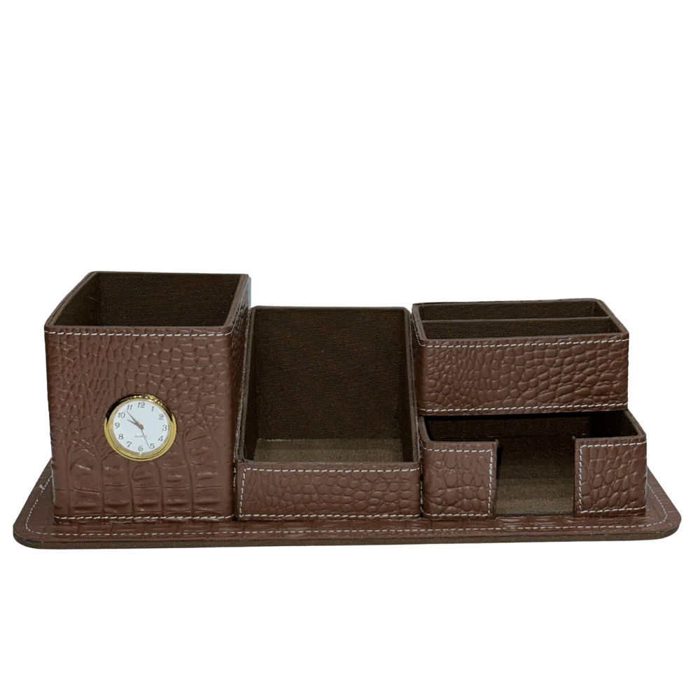 Crocodile Leather Desk Organiser with Clock – Luxury Executive Valet - 