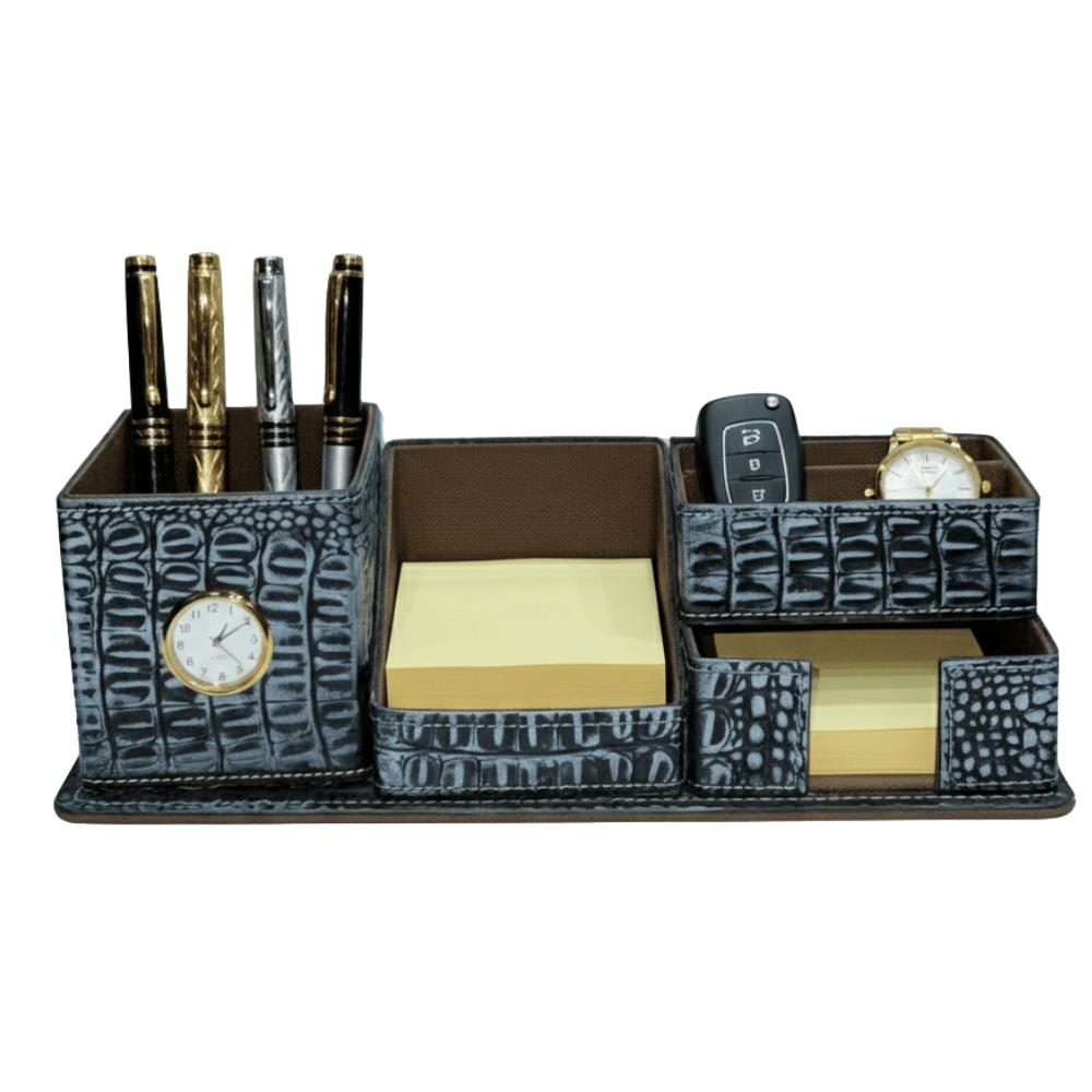Crocodile Leather Desk Organiser with Clock – Luxury Executive Valet - 