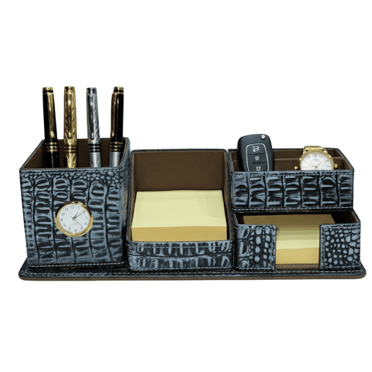 Crocodile Leather Desk Organiser with Clock – Luxury Executive Valet - 