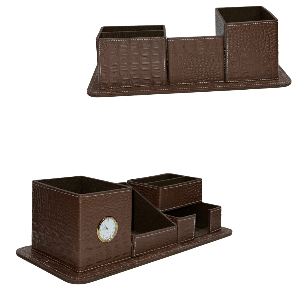 crocodile leather desk organiser with clock – luxury executive valet - 