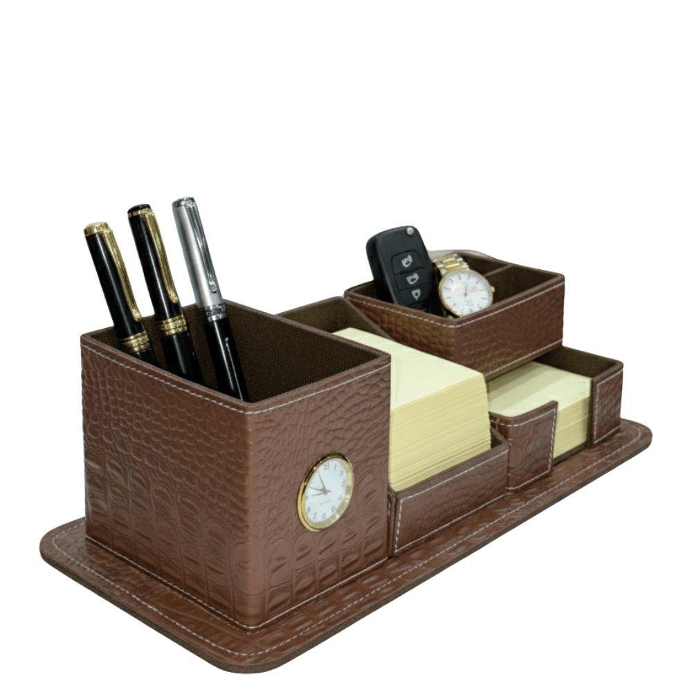 crocodile leather desk organiser with clock – luxury executive valet - 