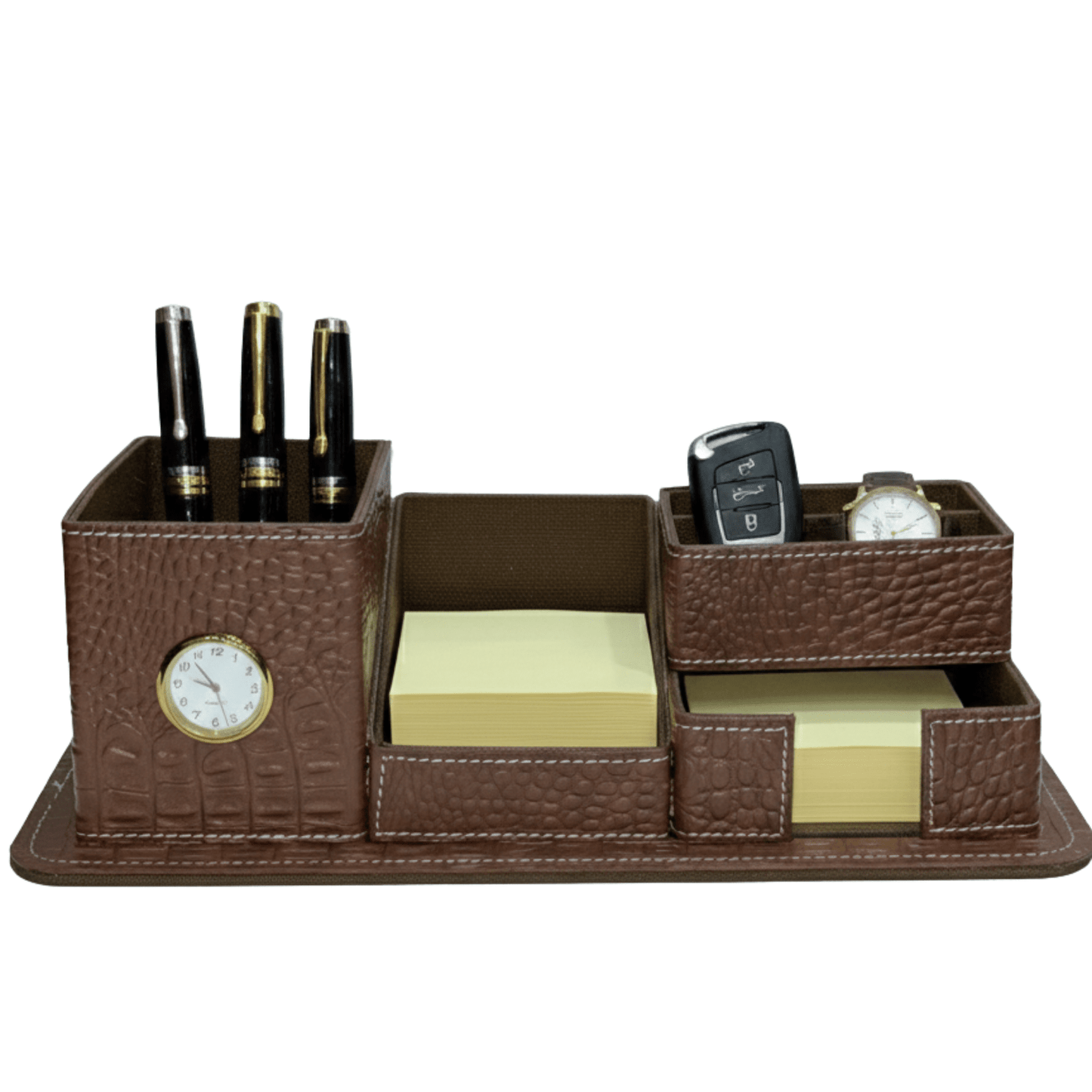 crocodile leather desk organiser with clock – luxury executive valet - 