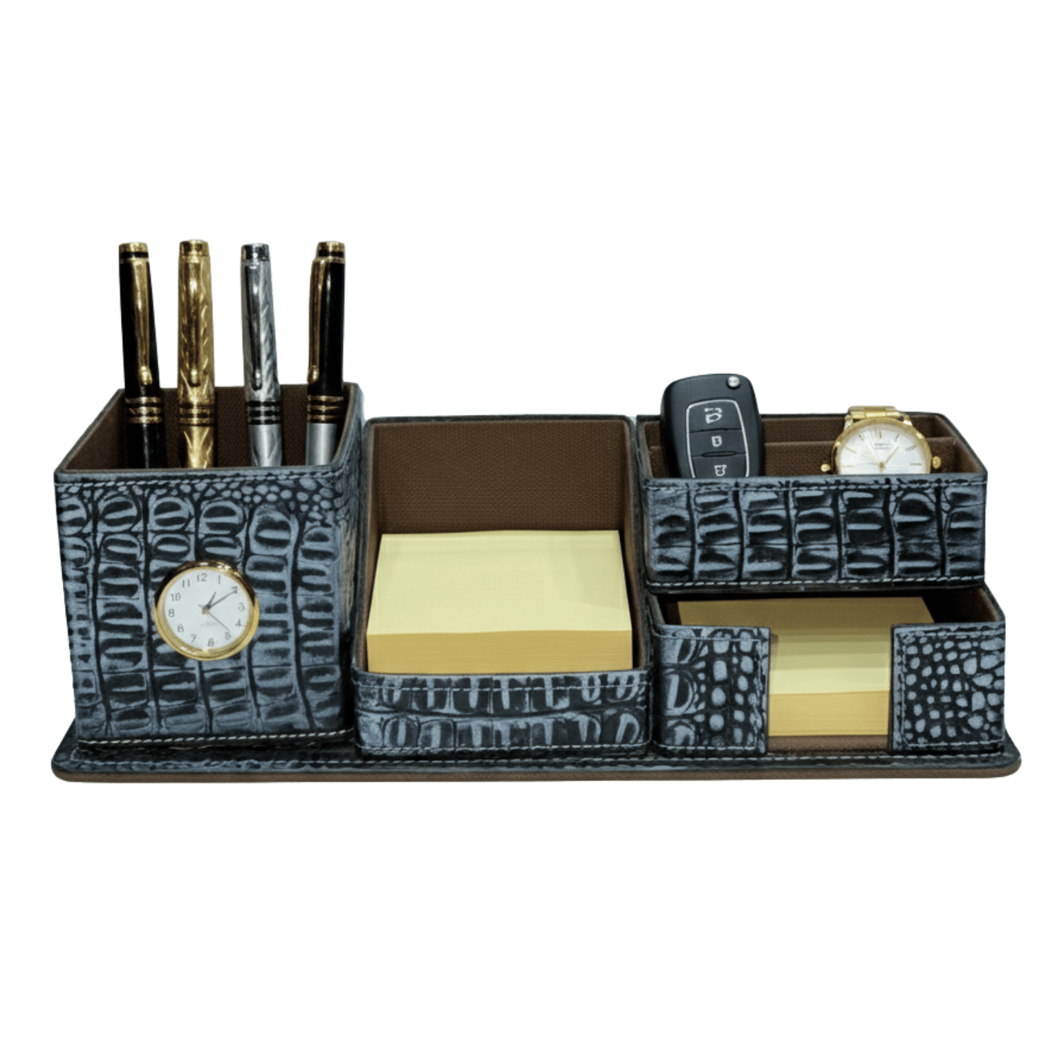 Crocodile Leather Desk Organiser with Clock – Luxury Executive Valet - 