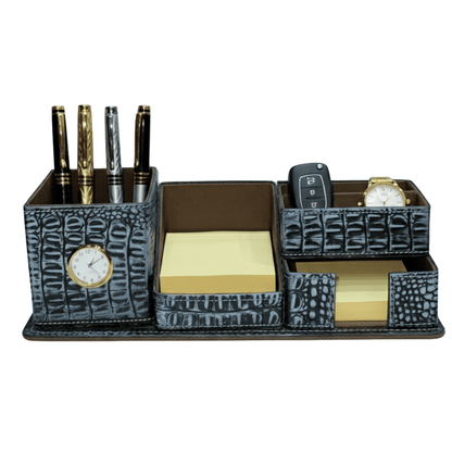 Crocodile Leather Desk Organiser with Clock – Luxury Executive Valet - 