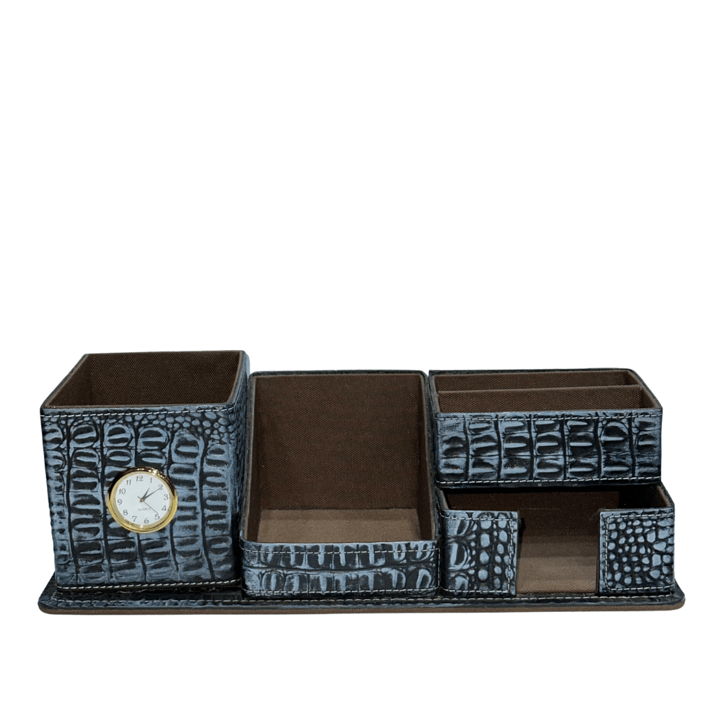 Crocodile Leather Desk Organiser with Clock – Luxury Executive Valet - 
