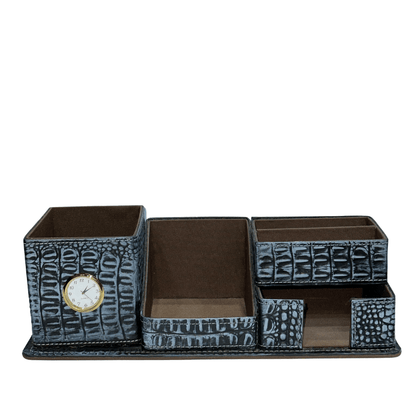 Crocodile Leather Desk Organiser with Clock – Luxury Executive Valet - 