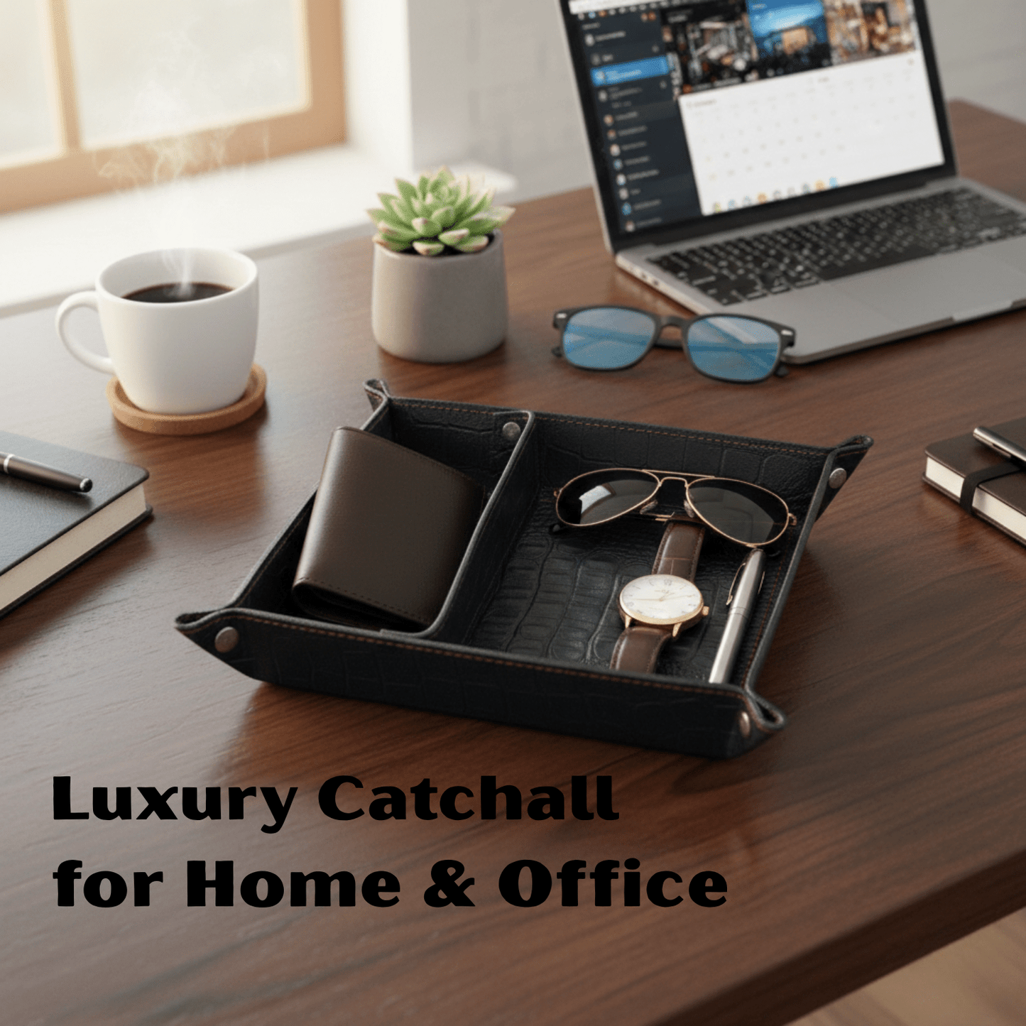 crocodile leather valet tray - luxury dual - section desk organiser - 