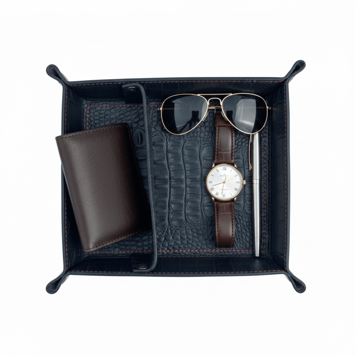 crocodile leather valet tray - luxury dual - section desk organiser - 