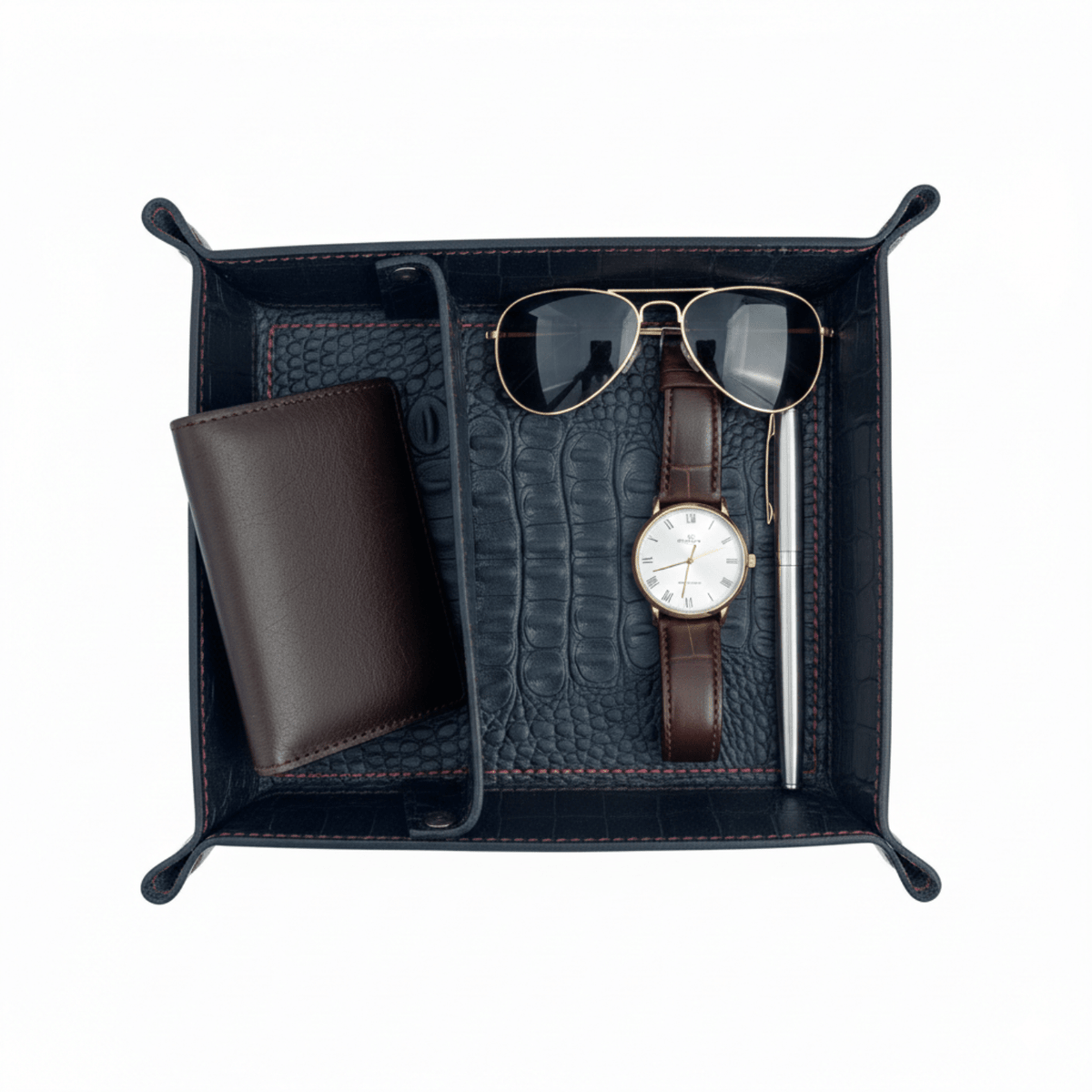 Crocodile Leather Valet Tray - Luxury Dual - Section Desk Organiser - 
