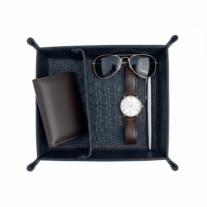Crocodile Leather Valet Tray - Luxury Dual - Section Desk Organiser - 