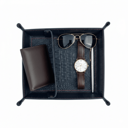 Crocodile Leather Valet Tray - Luxury Dual - Section Desk Organiser - 