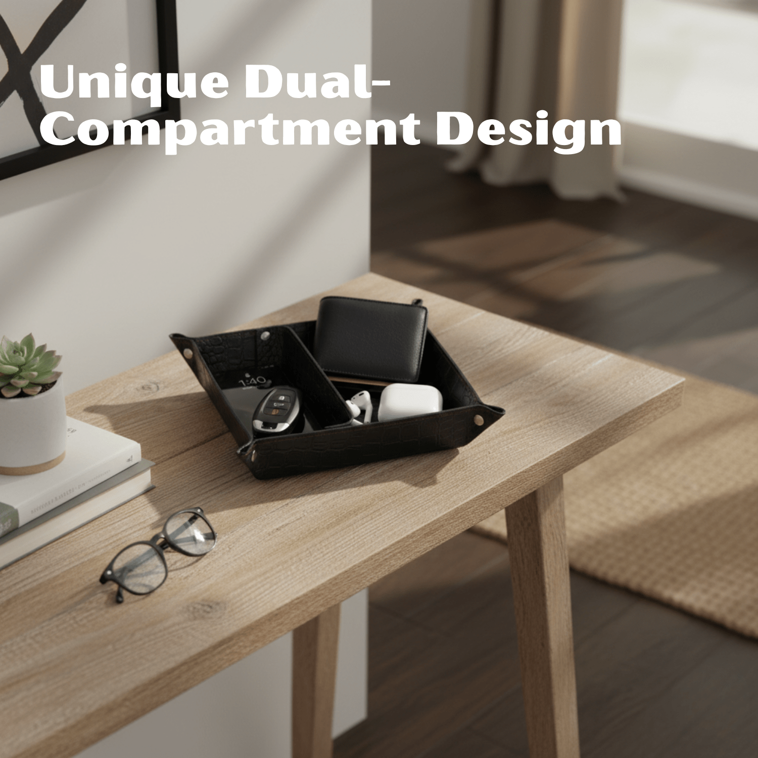 Crocodile Leather Valet Tray - Luxury Dual - Section Desk Organiser - 