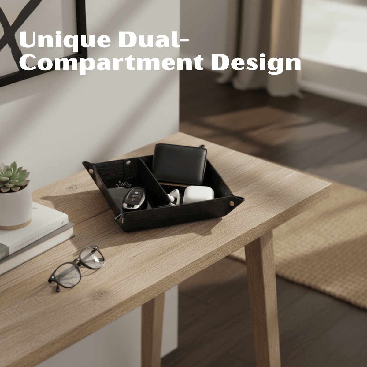 Crocodile Leather Valet Tray - Luxury Dual - Section Desk Organiser - 