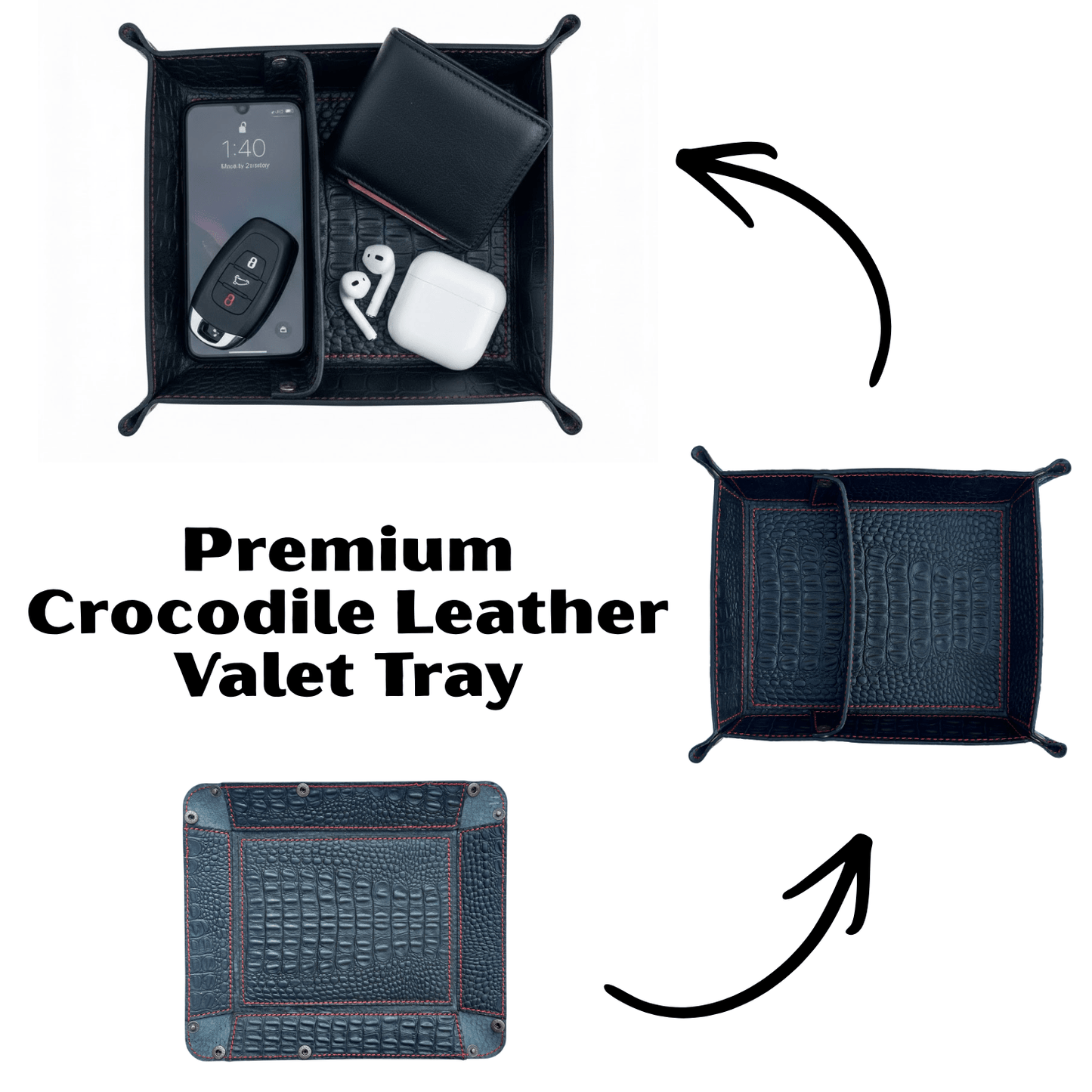 crocodile leather valet tray - luxury dual - section desk organiser - 