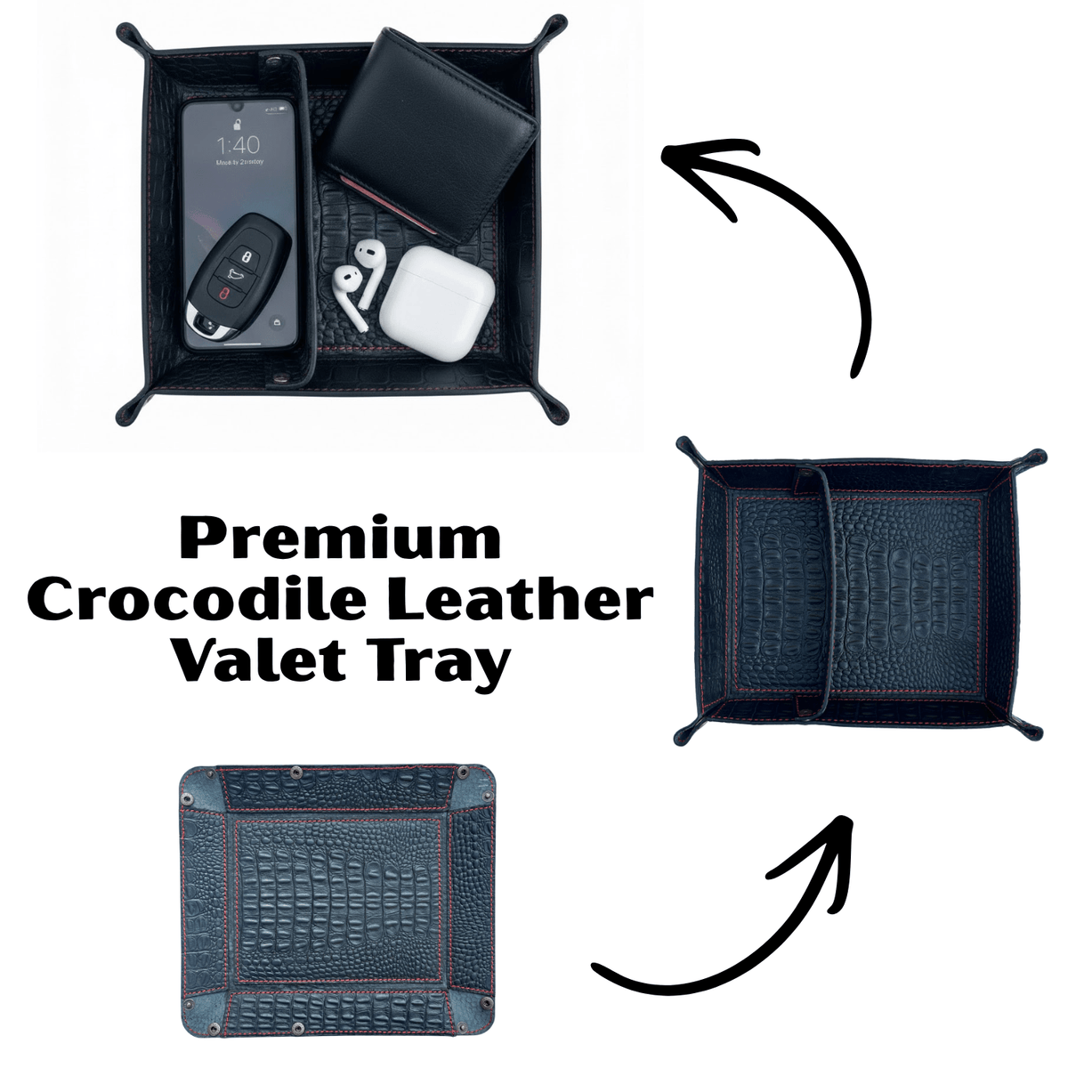 Crocodile Leather Valet Tray - Luxury Dual - Section Desk Organiser - 