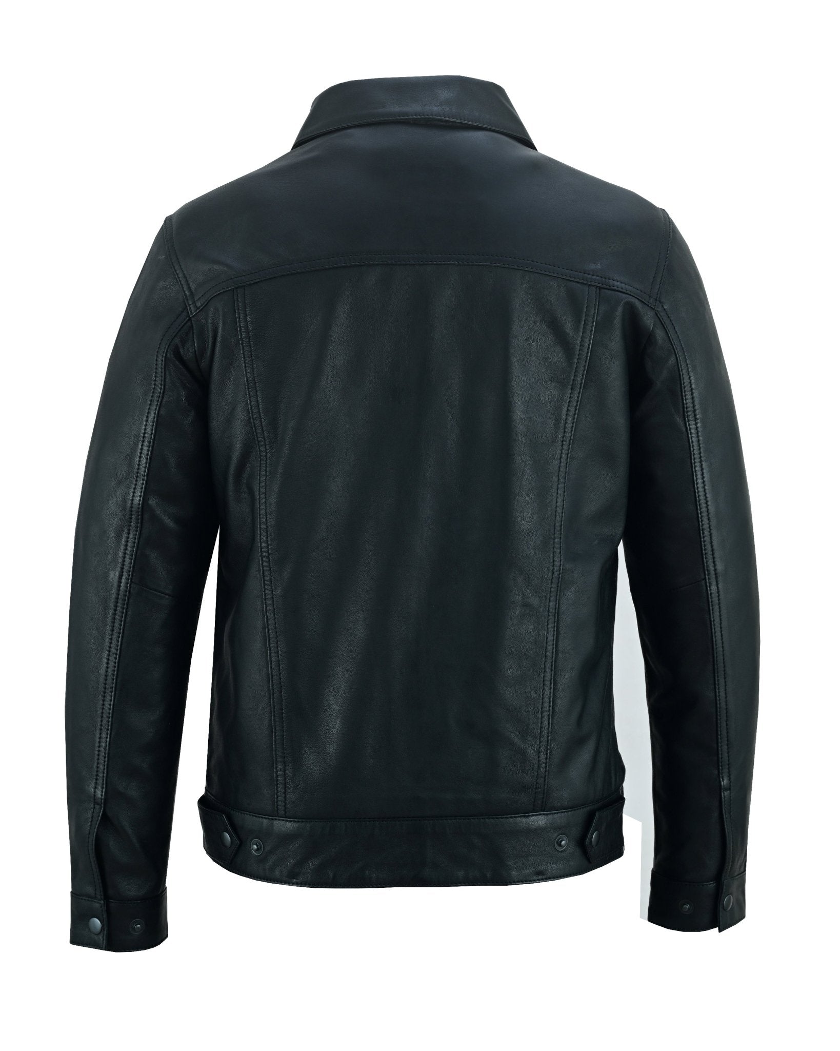 Black leather trucker jacket deals