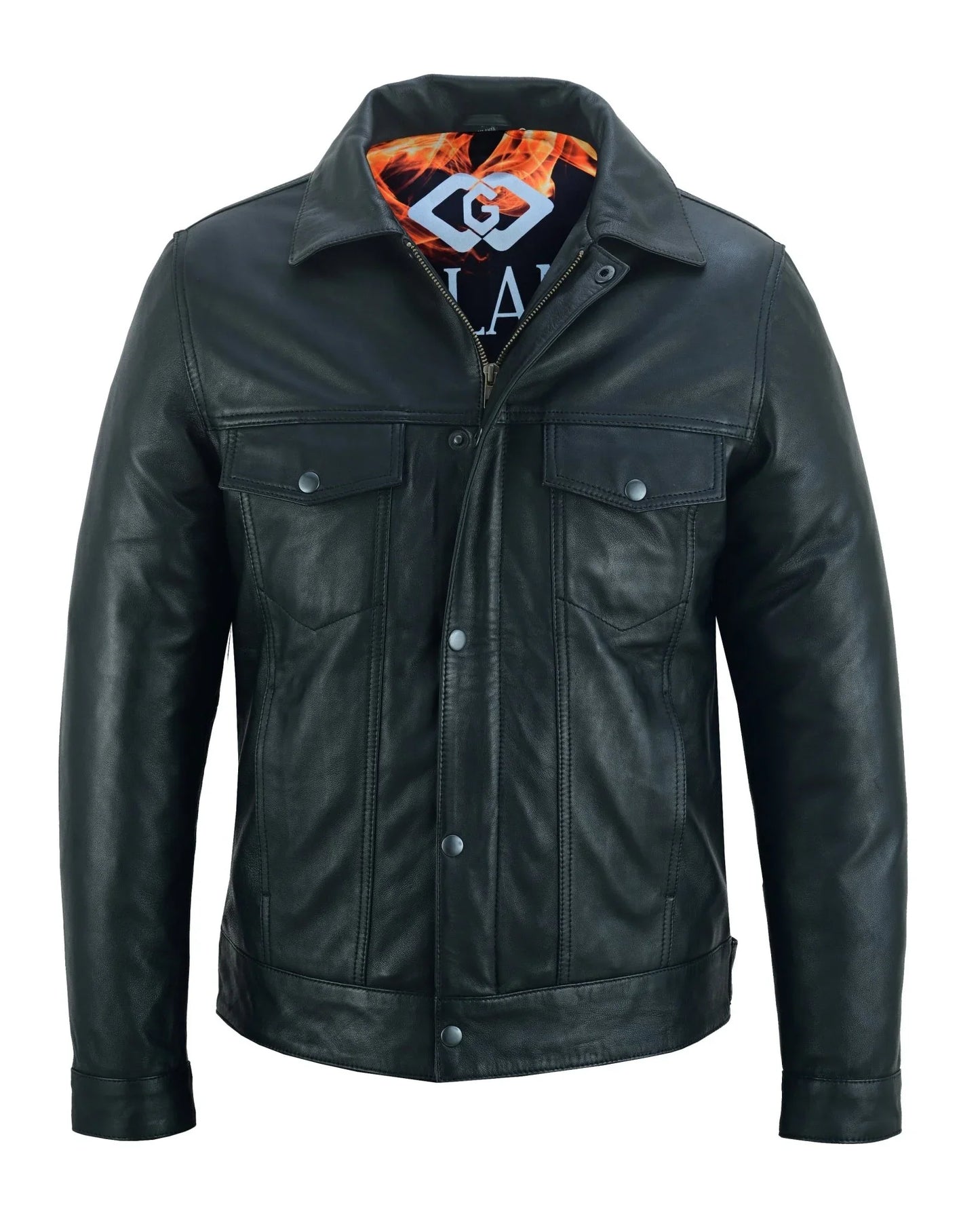 fernando 's classic mens black leather trucker jacket with zip and snaps -