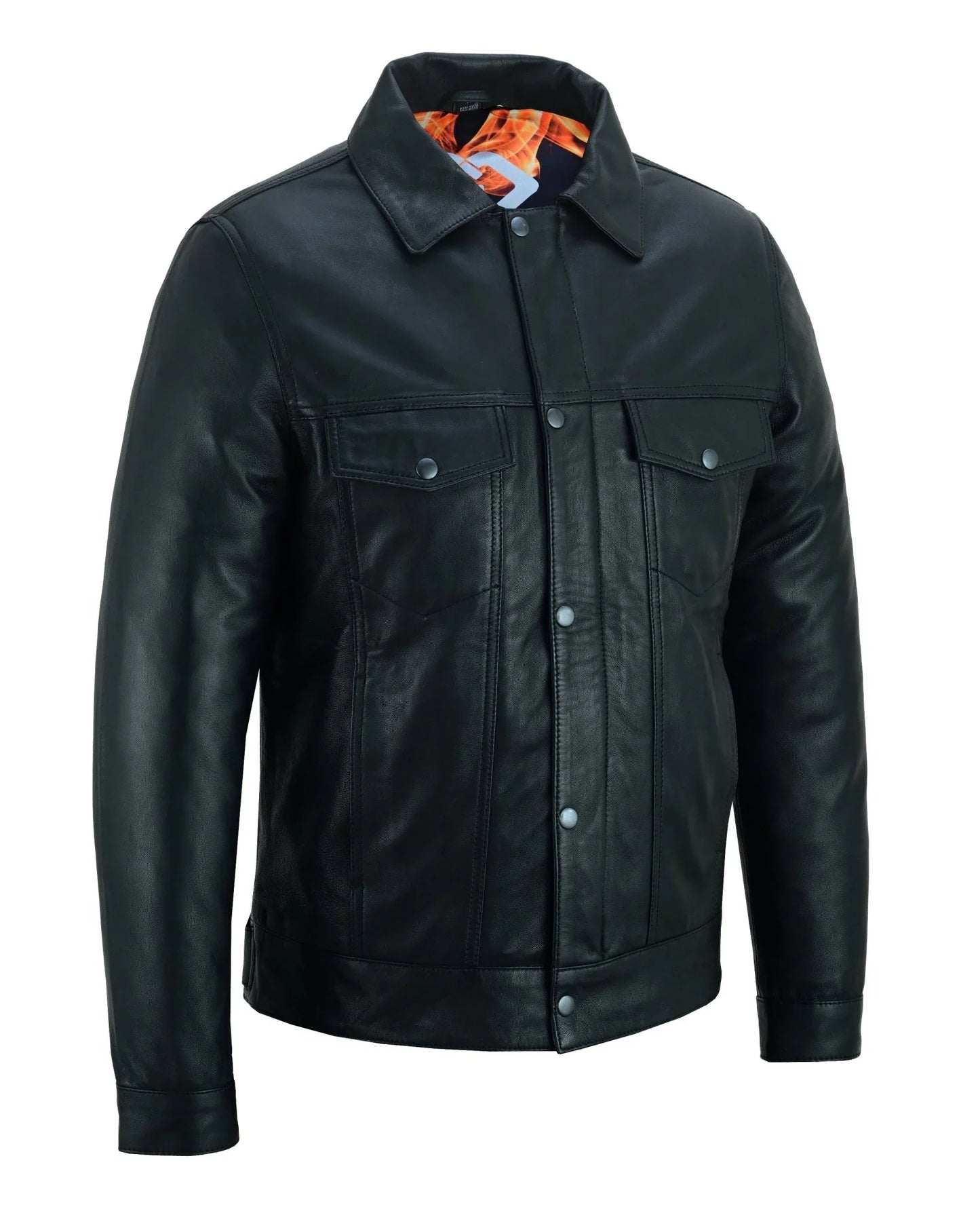fernando 's classic mens black leather trucker jacket with zip and snaps -