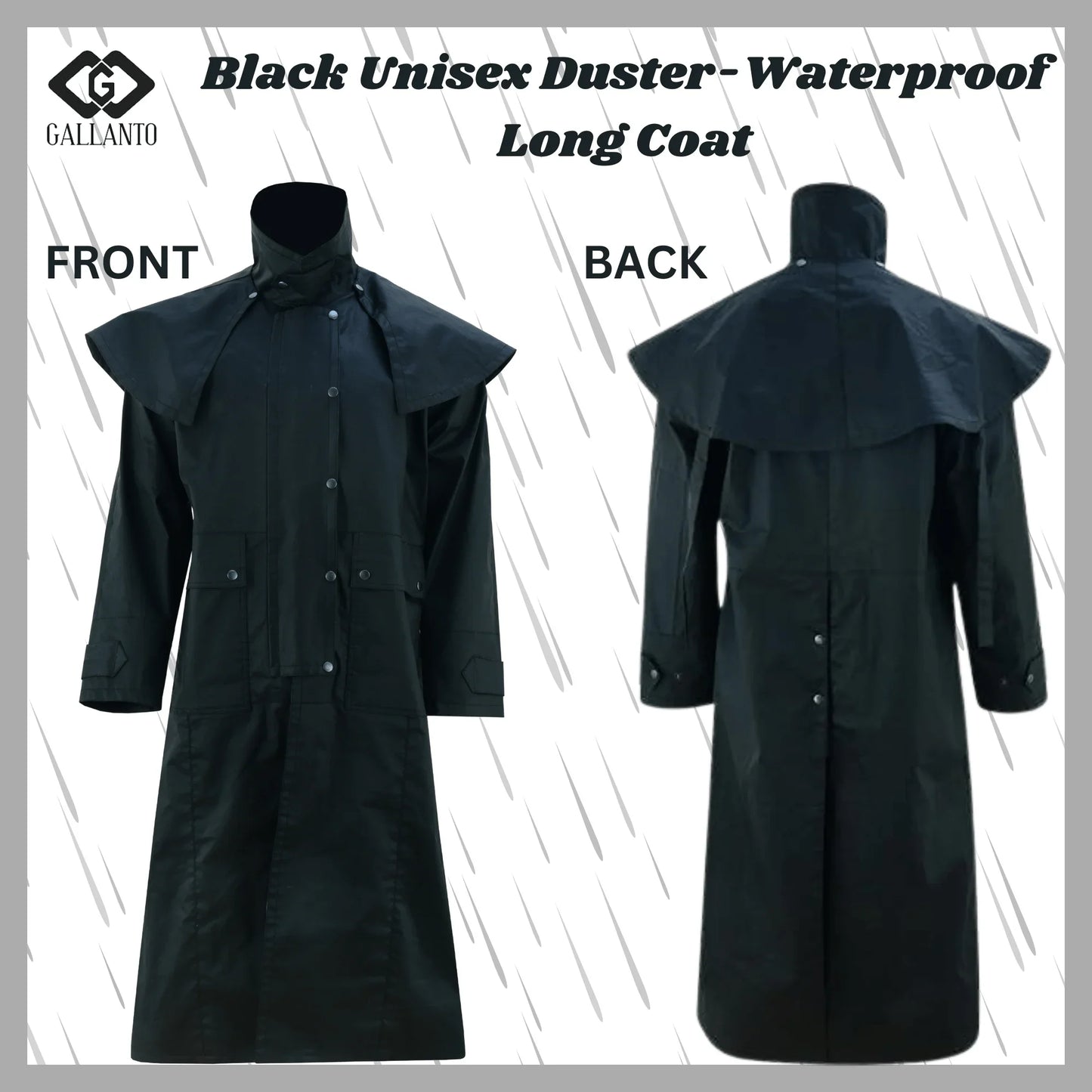 gallanto black unisex duster – waterproof long coat for all - weather protection - 