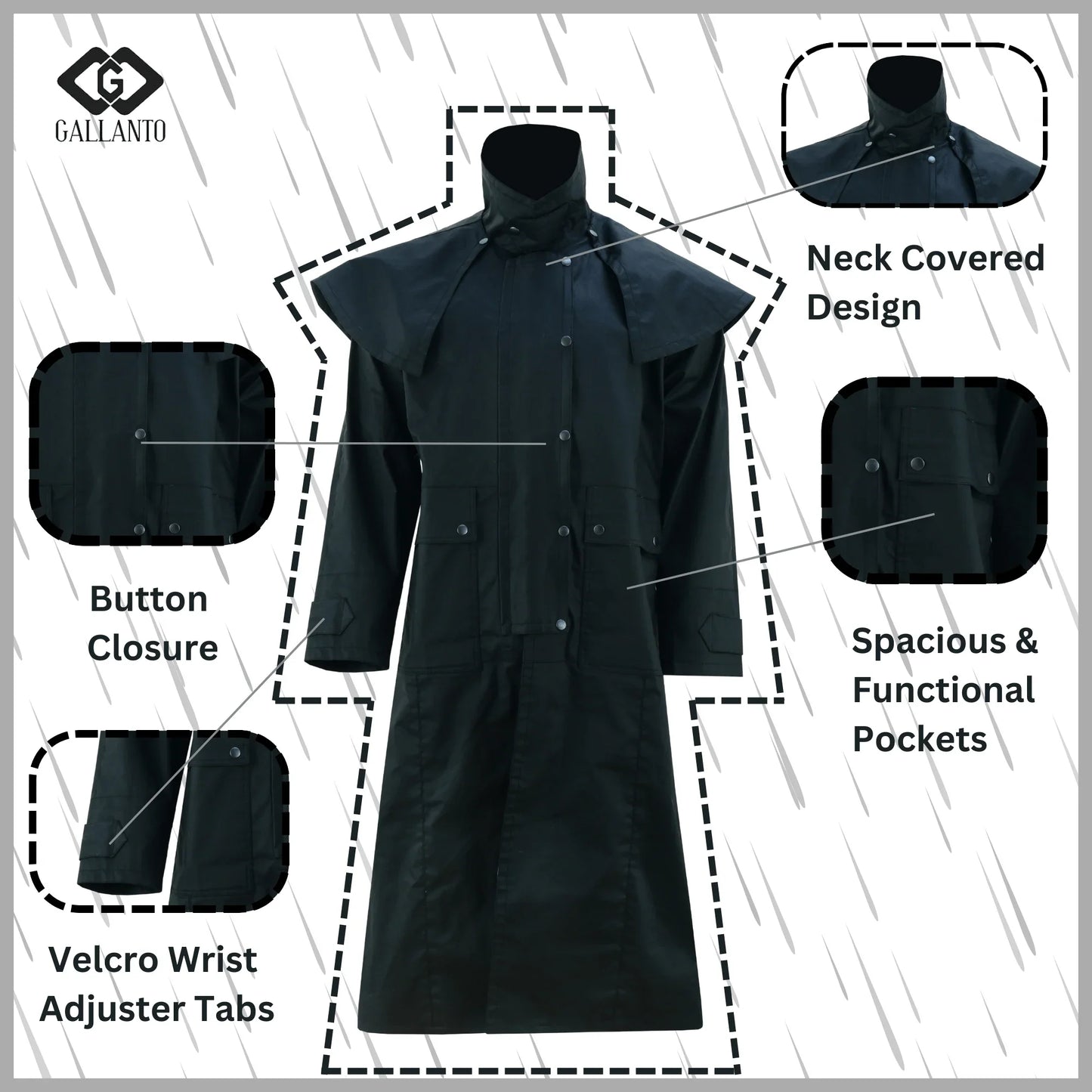 gallanto black unisex duster – waterproof long coat for all - weather protection - 