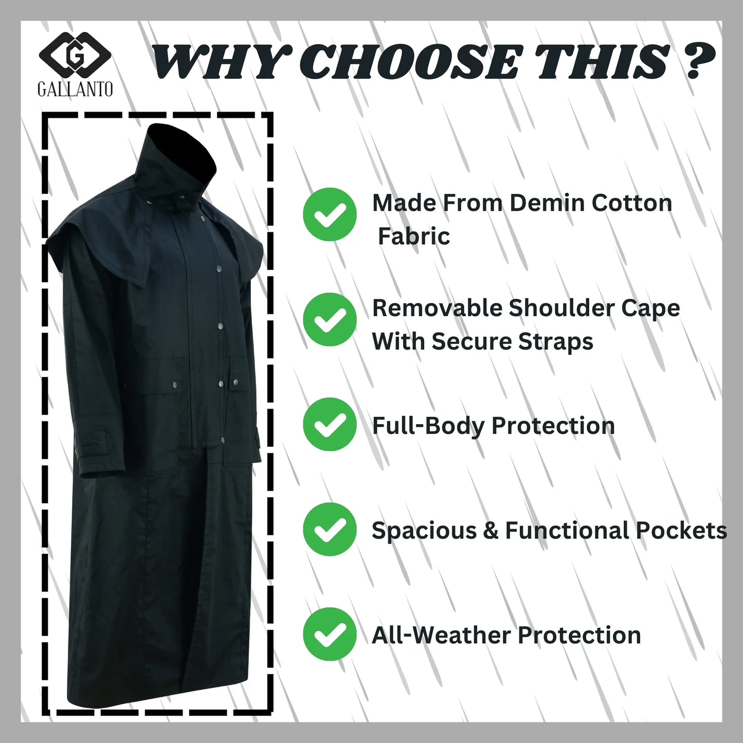 gallanto black unisex duster – waterproof long coat for all - weather protection - 