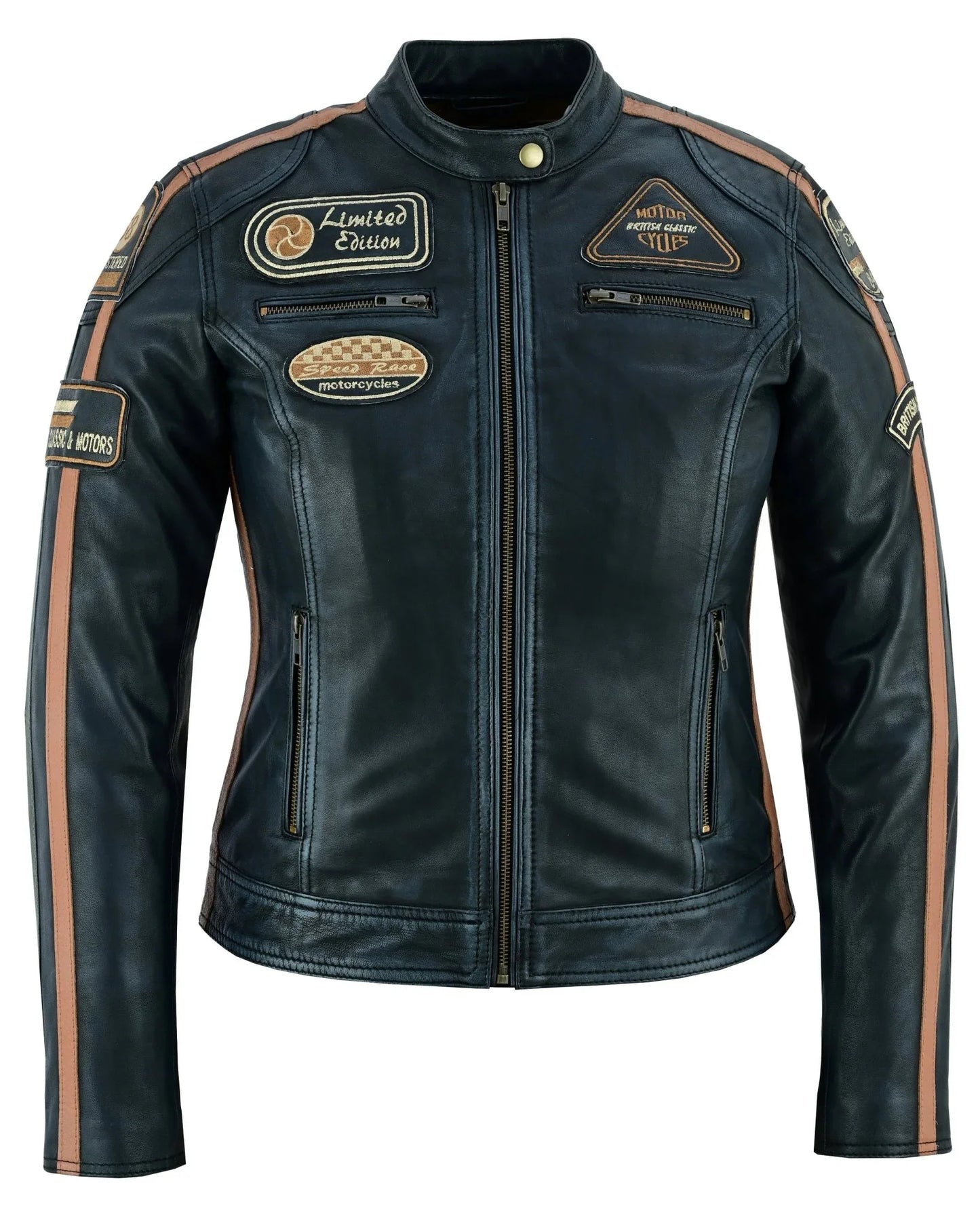 gallanto women's fashion black leather biker style jacket with badges -